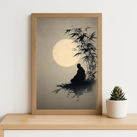 Zen Monk Bamboo Moon Canvas Wall Art | Minimalist Print Canvas Wall Art Peaceful Pleasures Health and Wellness G4115 50x70cm Unframed