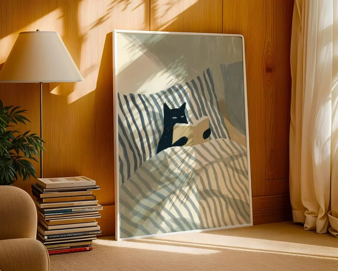 Black Cat Reading Canvas Print | Book Lover Wall Art Canvas Wall Print Peaceful Pleasures Health and Wellness