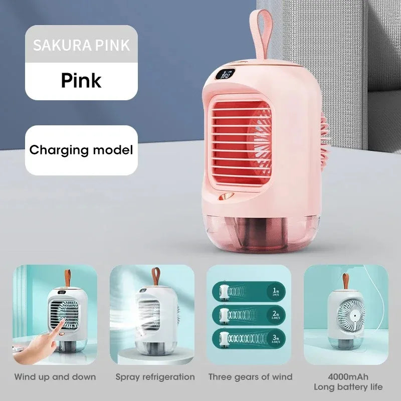 Rechargeable Portable USB Silent Mini Desktop Fan with Humidifier Night Light Air Cooler for Office Home Peaceful Pleasures Health and Wellness Pink