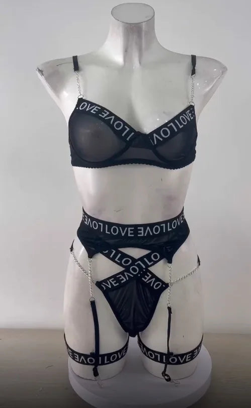 Women's 3-Piece Mesh Letter Print Lingerie Set | Underwear