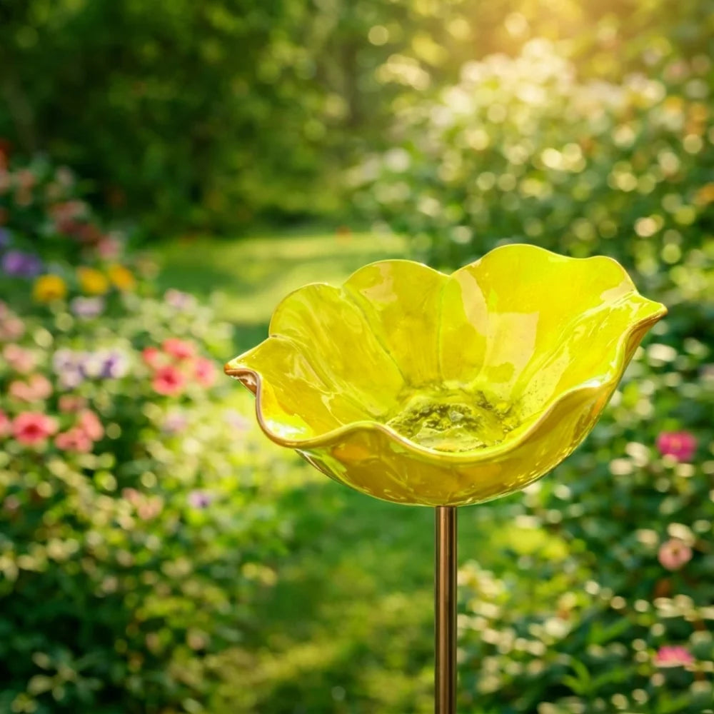 Handcrafted Metal Flower Garden Stake & Bird Bath | UV Resistant