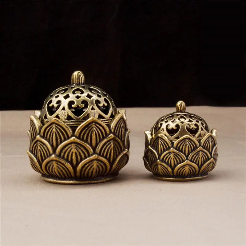 Retro Copper Small Lotus Hollow Out Incense Stick Burner Brass Incense Holder with Cover Home Decoration Sandalwood Censer Peaceful Pleasures Health and Wellness