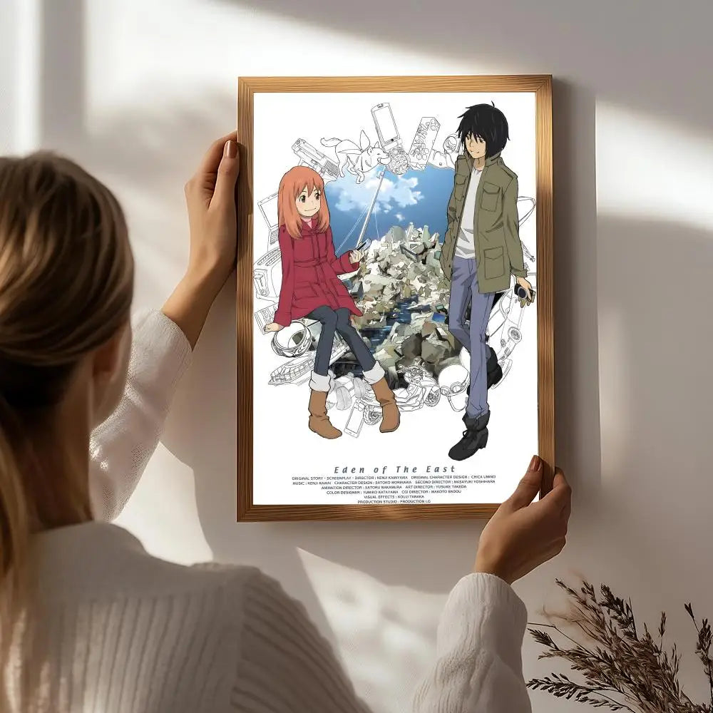 Anime E-Eden of the East Poster HD Self Adhesive Waterproof Wall Art Ideal for Home Office Dorm Bedroom Great Gift Peaceful Pleasures Health and Wellness White2 21X30cmNoframe