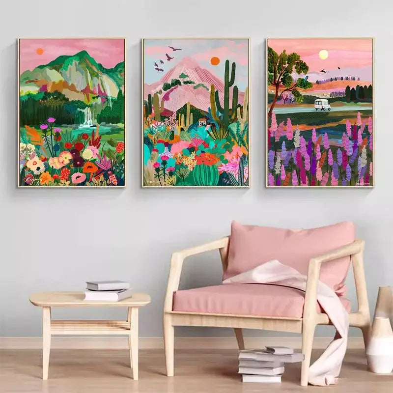 Nordic Flowers Mountain Lake Colorful Nature Landscape Travel Poster Canvas Print - Abstract Wall Art for Room Home Decor Peaceful Pleasures Health and Wellness