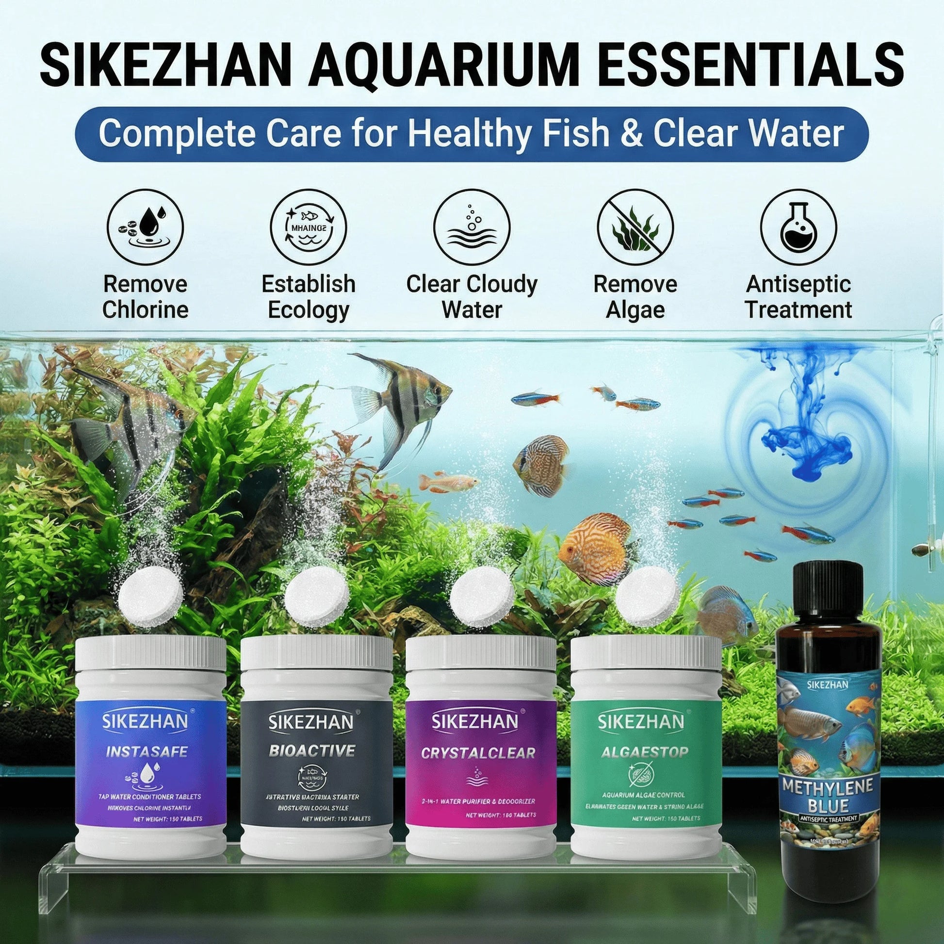 SIKEZHAN Aquarium Water Treatment Tablets Algae Remover Methylene Blue Nitrifying Bacteria Fish Tank Clarifier Conditioner Set Peaceful Pleasures Health and Wellness