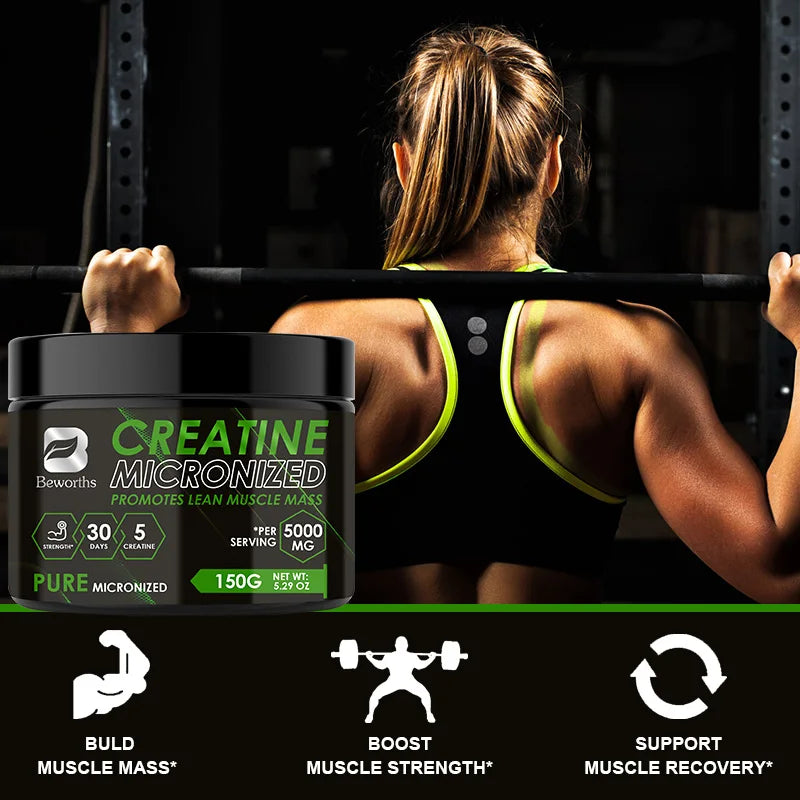 Woman lifting weights with a container of creatine microwonized supplement in front.