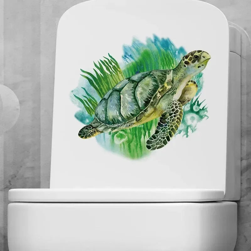 Water Plants Leaves Toilet Sticker Bathroom Wall Sticker Sea Turtles WC Self Adhesive Mural Stickers Home Decorations Decals Peaceful Pleasures Health and Wellness