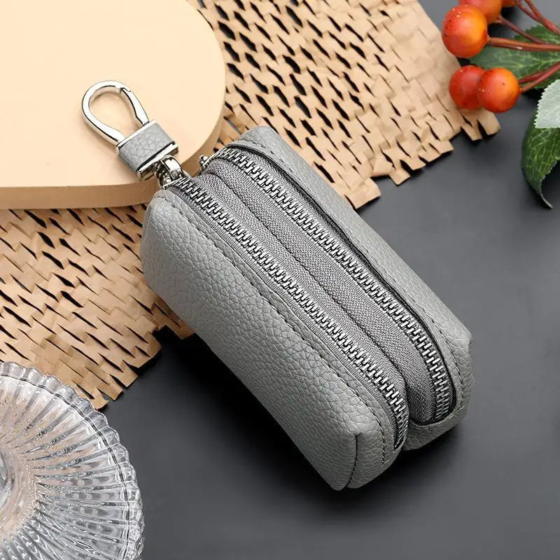 Double Zipper PU Leather Key & Coin Pouch with Metal Clip