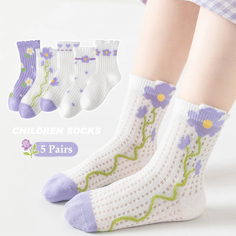 5-Pack Girls Soft Floral Cotton Mid-Tube Socks | Ages 1–12
