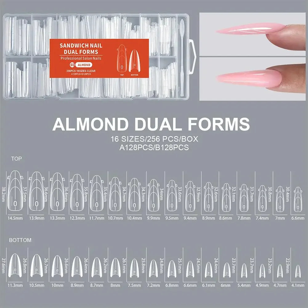 256Pcs/Box Sandwich Nail Dual Form Nail Tips Quickly Building Gel Form Nail System Full Cover Tips Nail Extension Form Kit Peaceful Pleasures Health and Wellness 256pcs-03