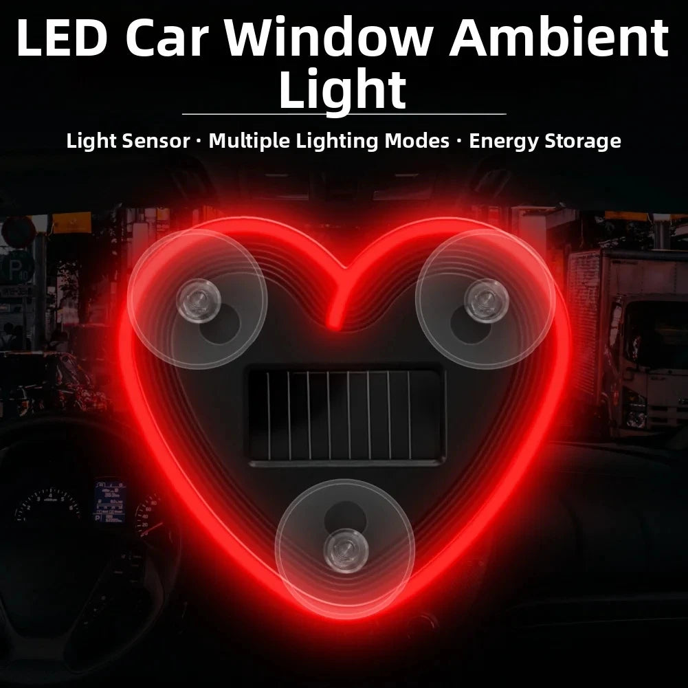 Solar-Powered Led Car Window Neon Lights - Heart-Shaped Rgb-Free Color-Changing Interior Wiring Free Atmosphere Light Peaceful Pleasures Health and Wellness Red -1pc