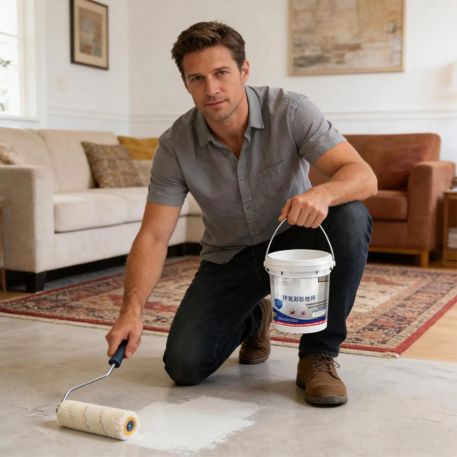 Epoxy Sand Floor Paint Quick Drying High-Gloss Self-Leveling Concrete Coating for Indoor Garage Shower Room Home Building Peaceful Pleasures Health and Wellness