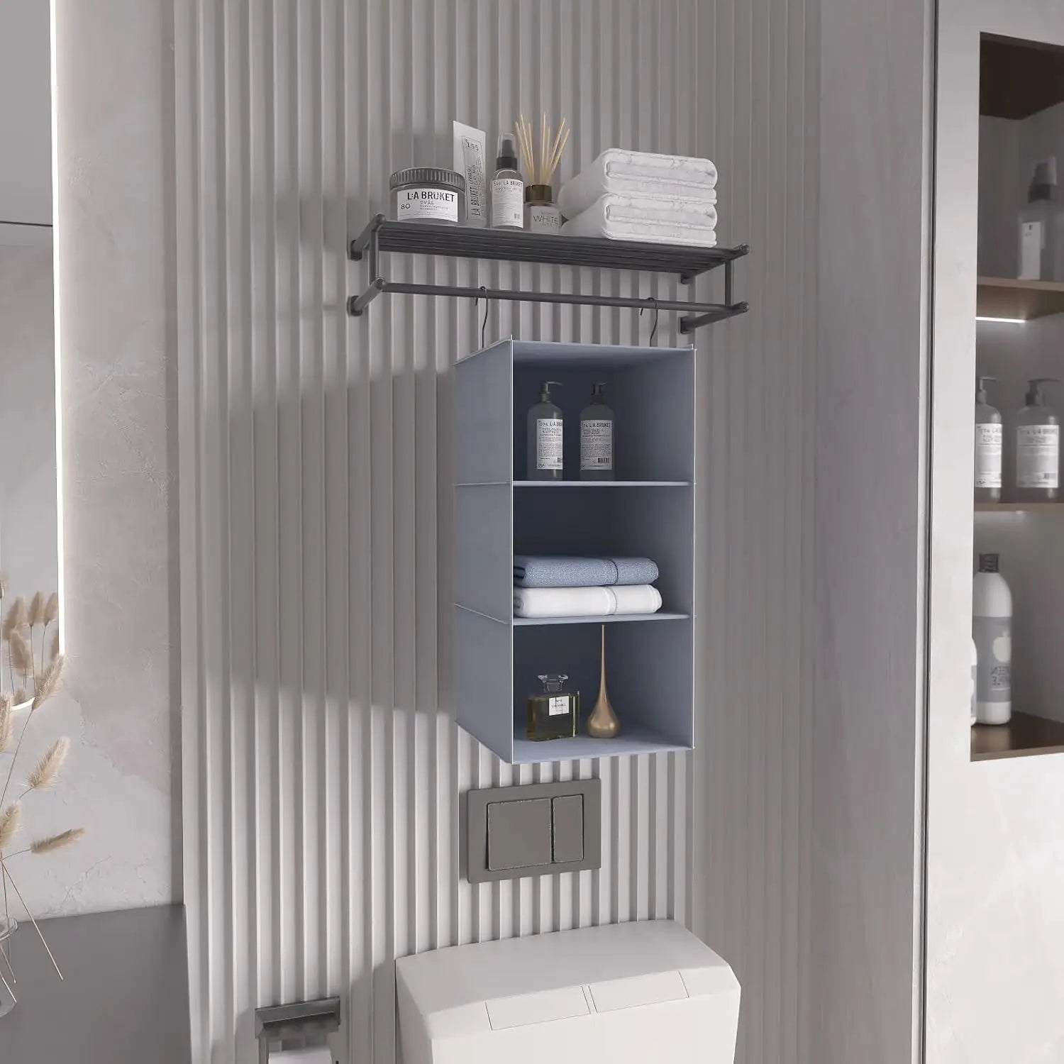 Bathroom with wall-mounted shelves and storage units against a striped wall.