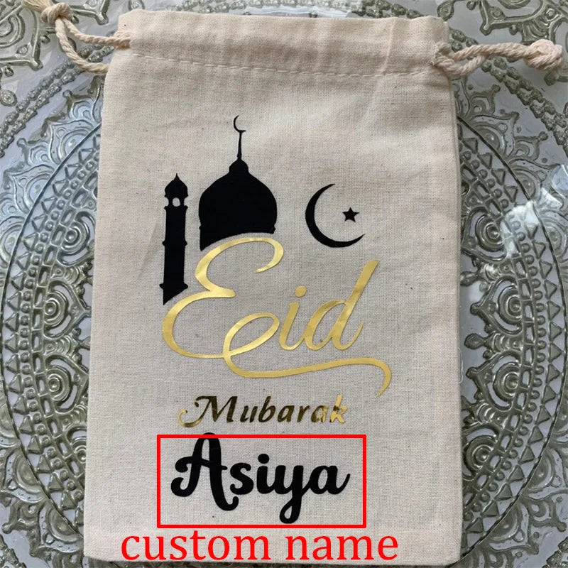 Personalized Eid Mubarak Gift Bag | Candy Money Card Holder Holiday Gift Bag Peaceful Pleasures Health and Wellness drawstring bag custom name 13x18cm