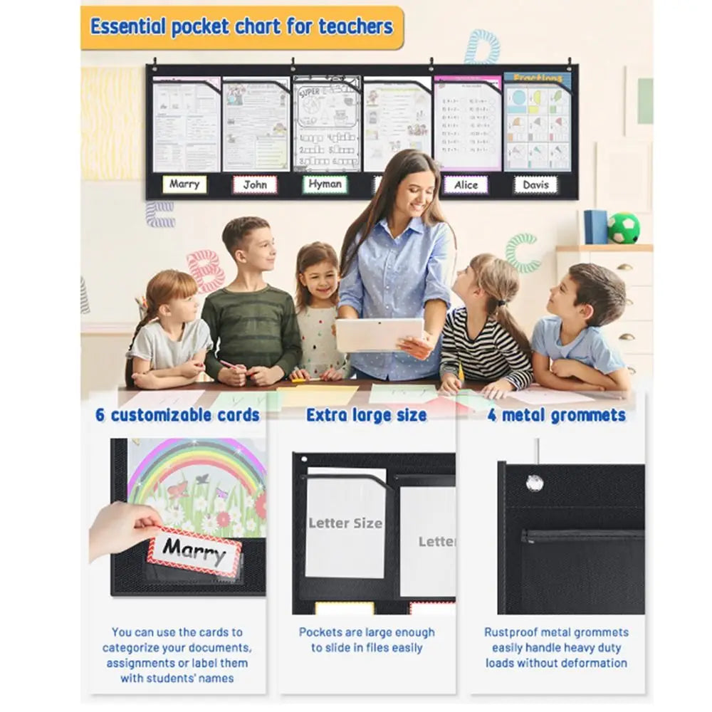 Wall Pocket Chart 6 Clear Pockets – Homework & Class Organizer