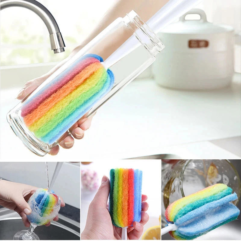 3Pcs Rainbow Sponge Brush Water Bottle Cup Mug Glass Washing Sponge Cleaning Brush Scrubber with Handle Cleaning Utensils Peaceful Pleasures Health and Wellness