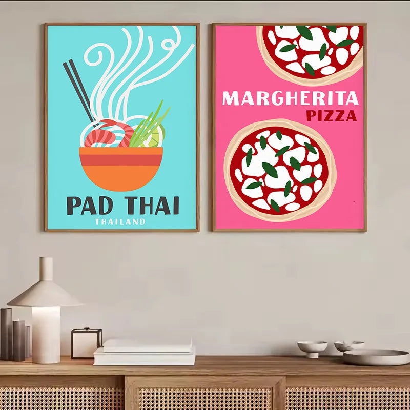Retro Food Canvas Wall Art | Pizza Tacos Ramen Pasta Poster