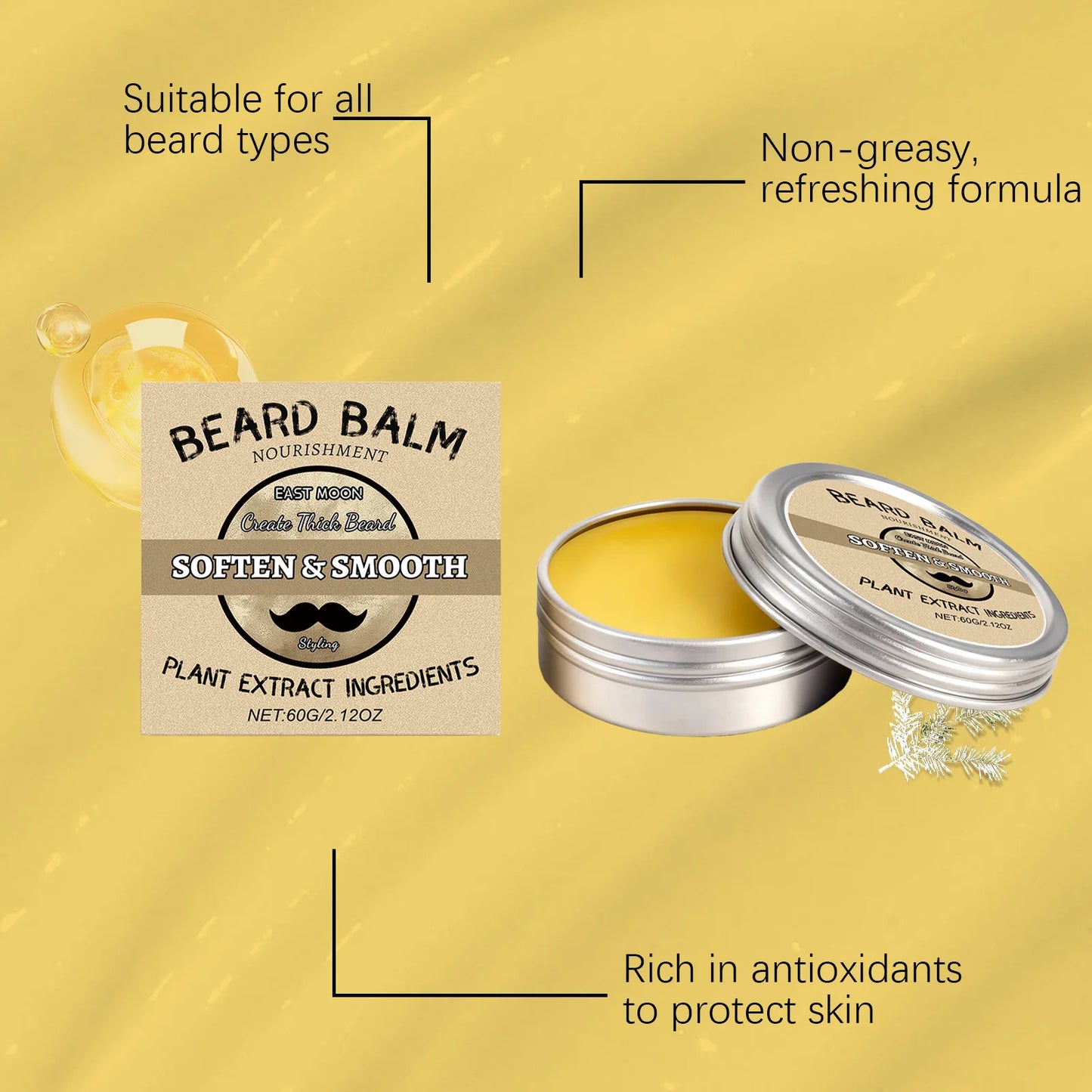 East Moon Men's Beard Wax – Soft, Shiny & Non-Greasy 60g