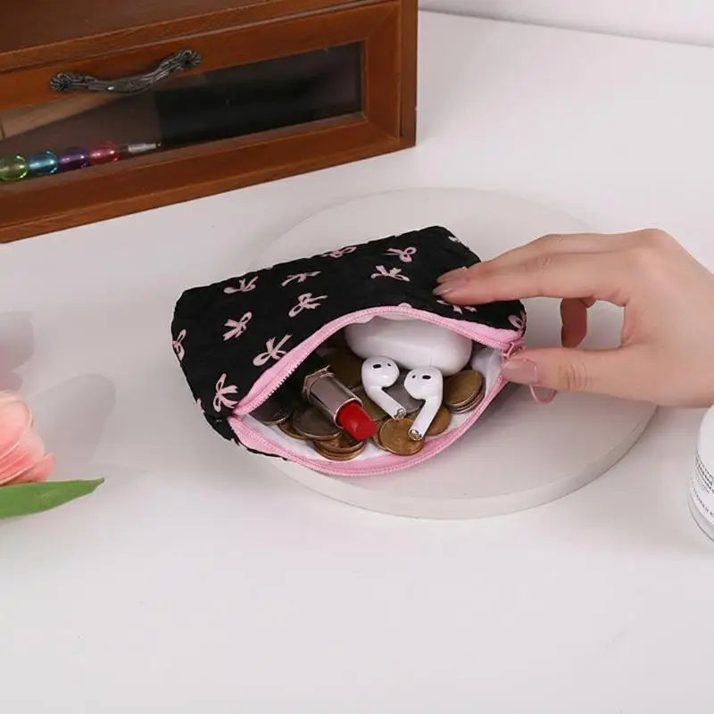 Cute Bow Fabric Makeup Bag, For Women Cosmetic Pouch, Portable Lipstick Earphone Travel Organizer Small Clutch Purse Peaceful Pleasures Health and Wellness