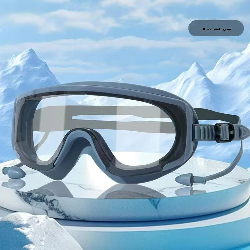 Outdoor Swimming Glasses Adult Diving Large-frame Swimming Goggles Silicone Anti-fog Colorful and High-definition Peaceful Pleasures Health and Wellness Blue and grey