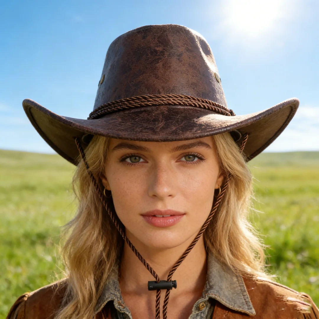 Vintage Faux Leather Western Cowboy Hat Wide Brim Retro Cowgirl Chin