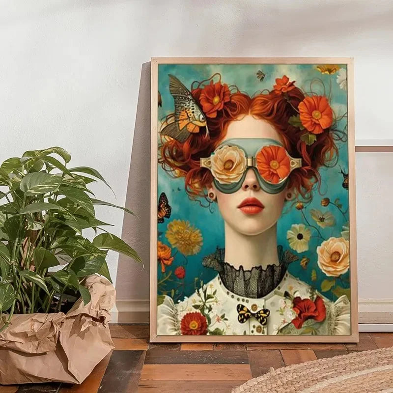 3pcs Nordic Boho Fashion Glasses Woman with Flowers Wall Art Canvas Painting Butterfly Girl Portrait Poster Prints Mural Picture Peaceful Pleasures Health and Wellness ZLH3129-F 30x45cm Unframed