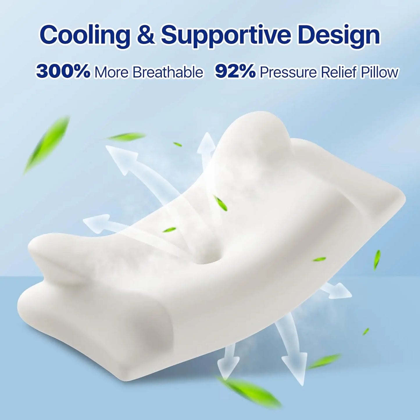 White pillow with text highlighting cooling and supportive design on a light blue background