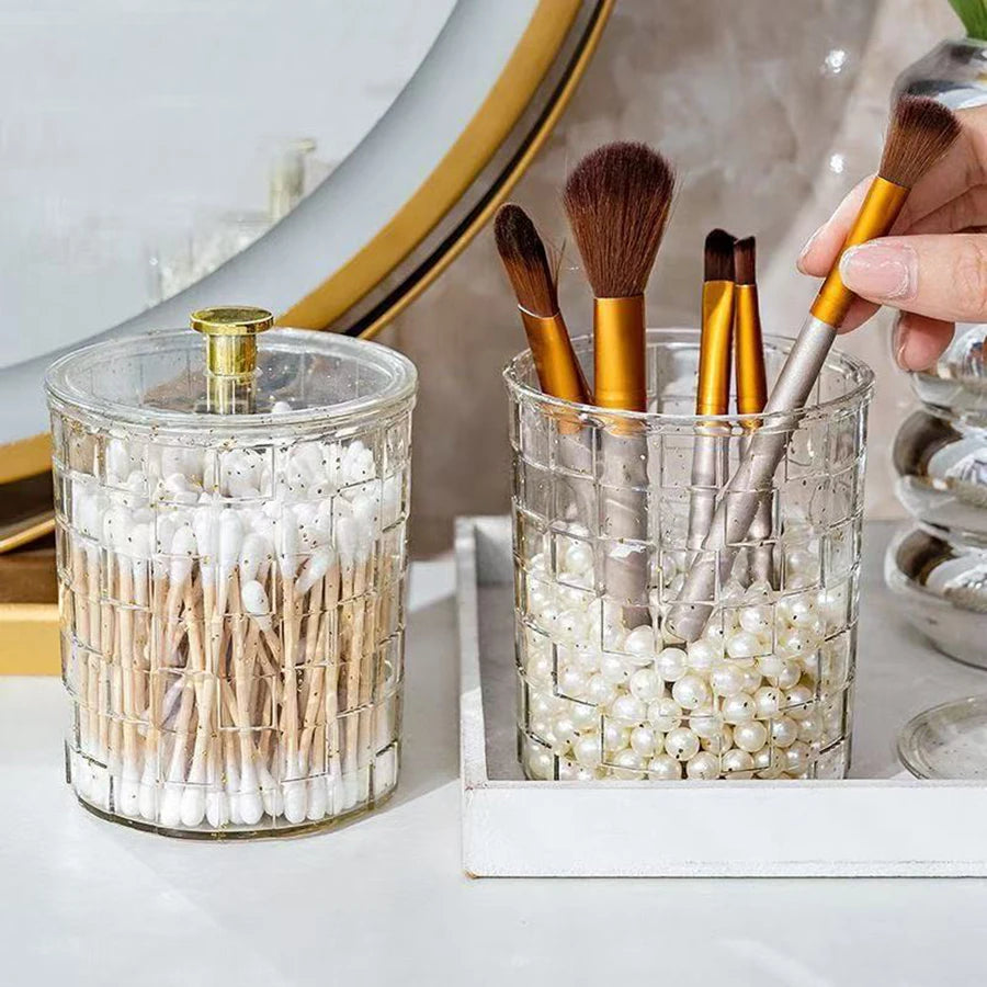 Q-Tip Holder & Vanity Tray Set – Clear Apothecary Jar Cotton Swab & Ball Dispenser