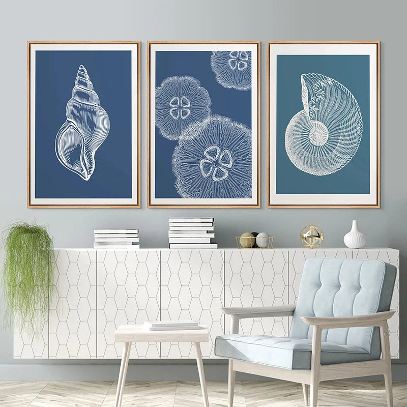 Blue Coastal Seashell Canvas Wall Art | Kids Room Ocean Decor
