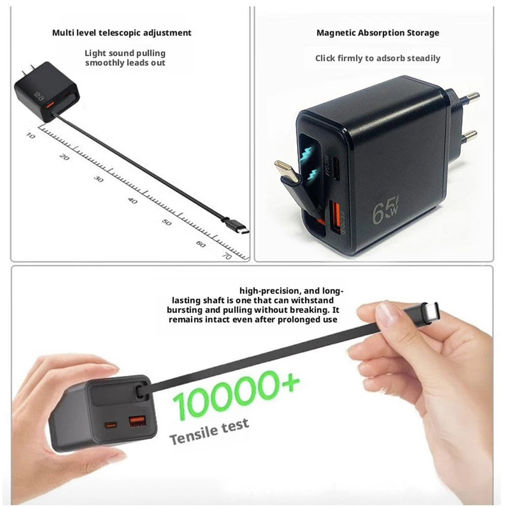 65W Retractable USB-C Charger QC 3.0 & PD 20W – iPhone & Android