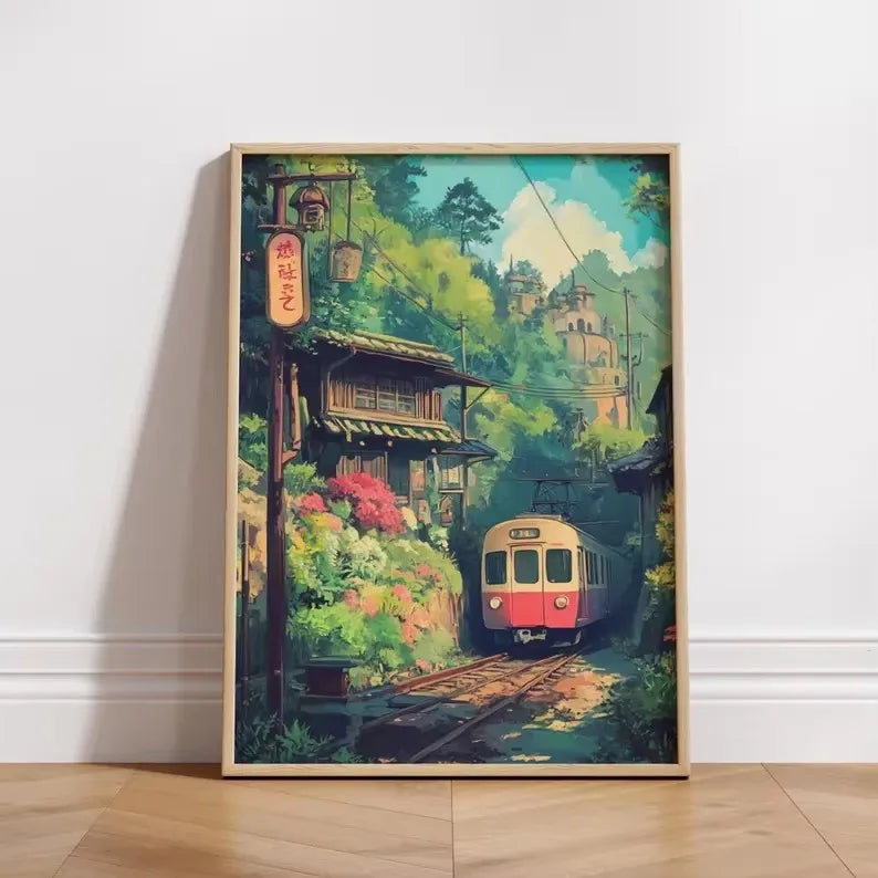 Retro Japanese Railway Landscape Canvas Print Tokyo Rainy Night Street Wall Art Poster for Modern Living Room Bedroom Home Decor Peaceful Pleasures Health and Wellness WO735 30x40cm Unframed