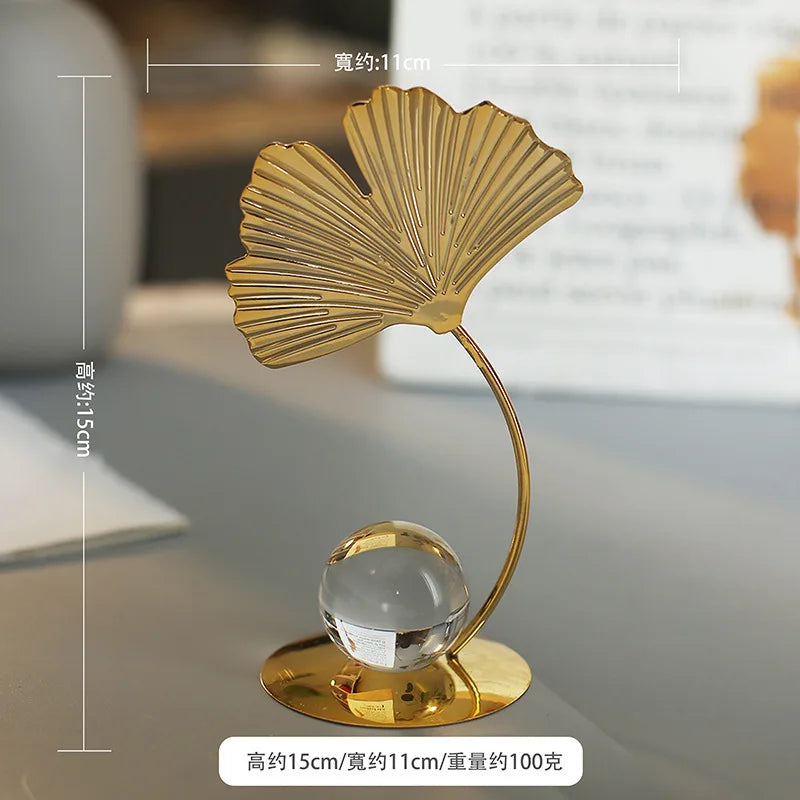 Gold Ginkgo Leaf Iron Crafts Ornaments Light Luxury Crystal Ball Decoration Living Room Wine Cabinet TV Cabinet Art Decoration Peaceful Pleasures Health and Wellness 03