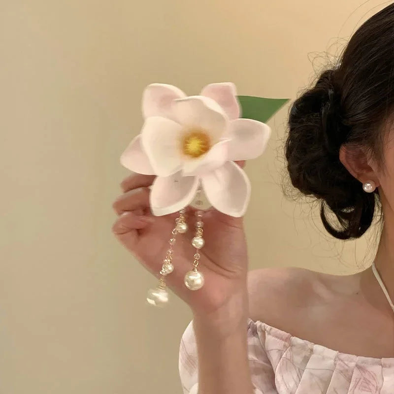 Pink Magnolia Pearl Tassel Hair Clip New Chinese Style Gentle and High End Feeling Spring New Clip Headband Hair Clip Versatile Peaceful Pleasures Health and Wellness