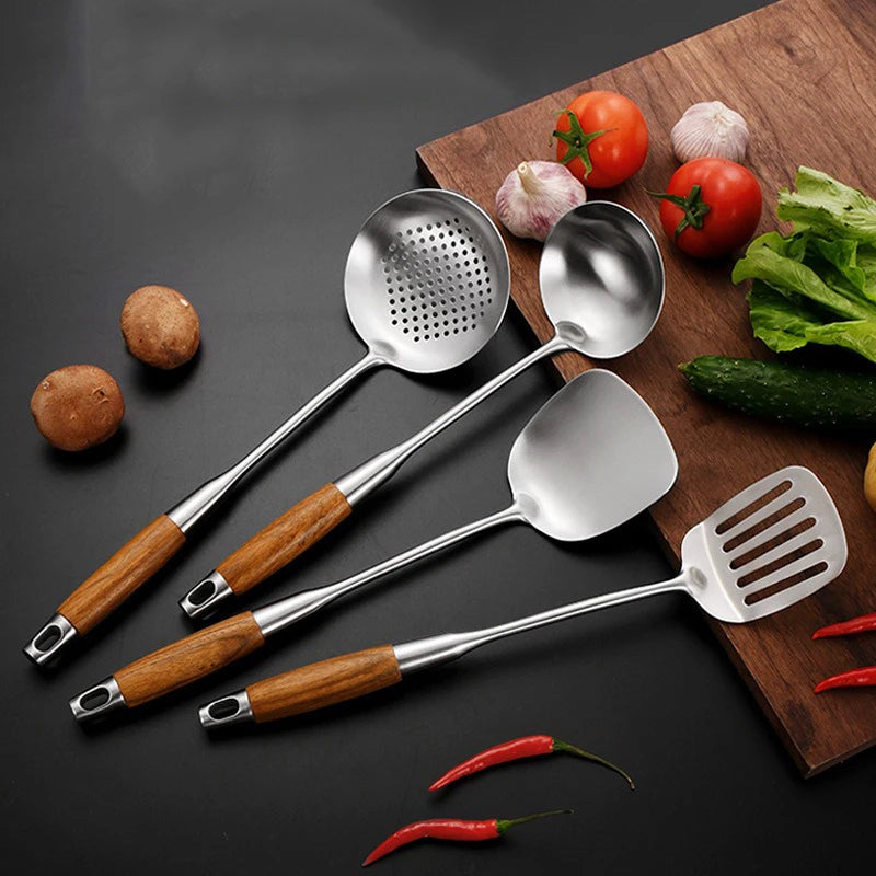Rosewood Handle Stainless Steel Cookware Set Kitchen Durable Wok Spatula Colander Shovel Cooking Utensil Kitchenware Accessories