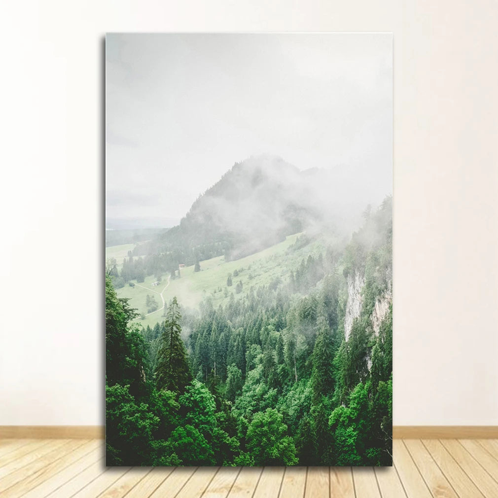 Nordic Forest Fog Mountain Canvas Wall Art | Unframed Print
