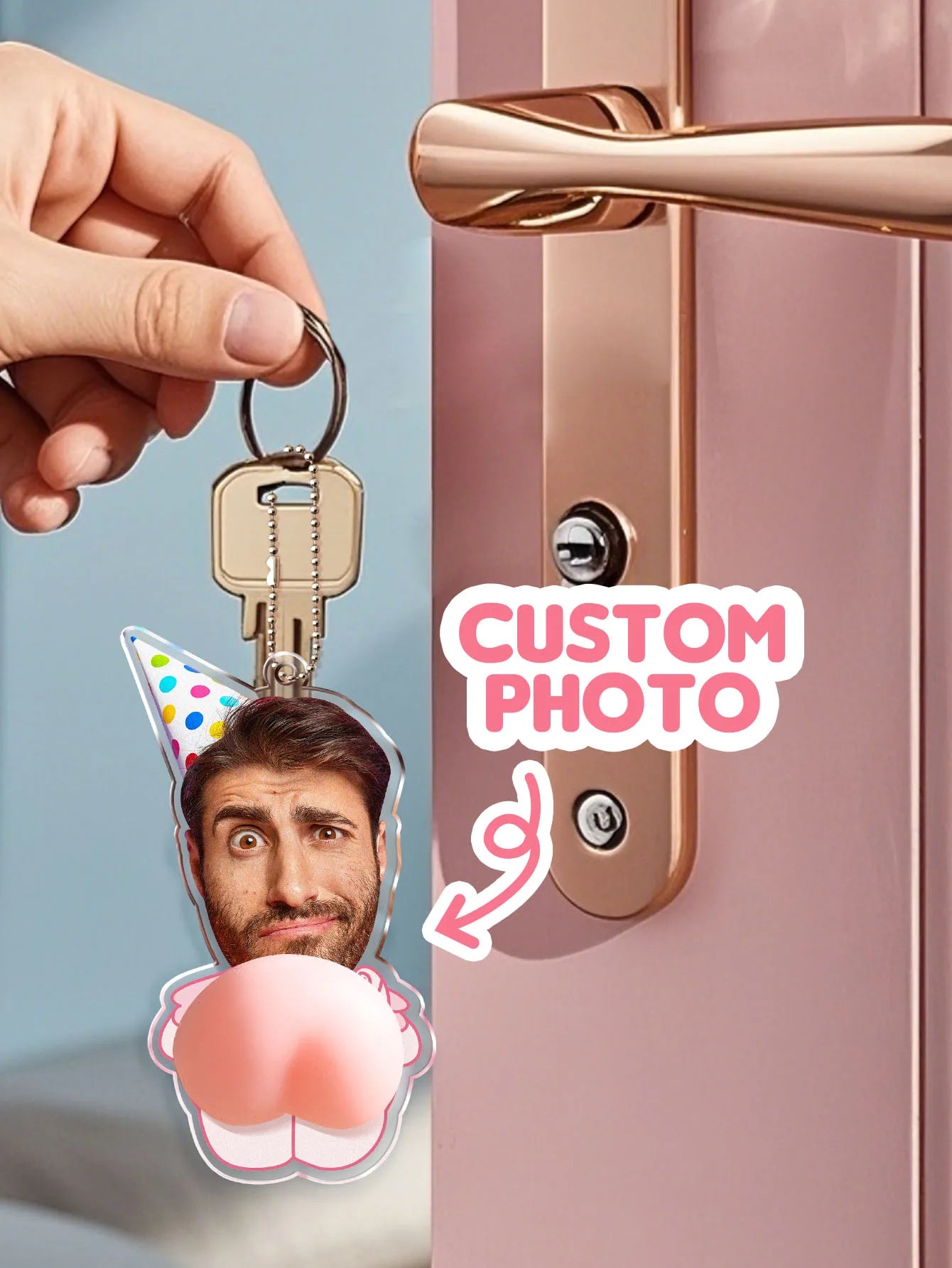 Custom Face Keychain with Soft Squishy Butt Personalized Funny Photo Key Ring Unique Gift for Friends Peaceful Pleasures Health and Wellness