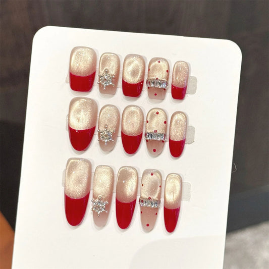 10pcs Handmade Press on Nails Gold Crystal Cat's Eye Fake Nails Wearable Champagne Rhinestone False Nails Elegant Red French Tip Peaceful Pleasures Health and Wellness