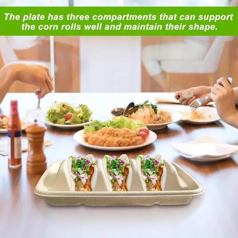 20-Pack Disposable 3-Compartment Taco Plates | Eco Tray Holder