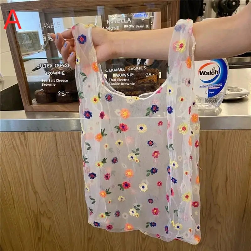 Mesh Embroidered Floral Tote Bag | Travel & Shopping Bag