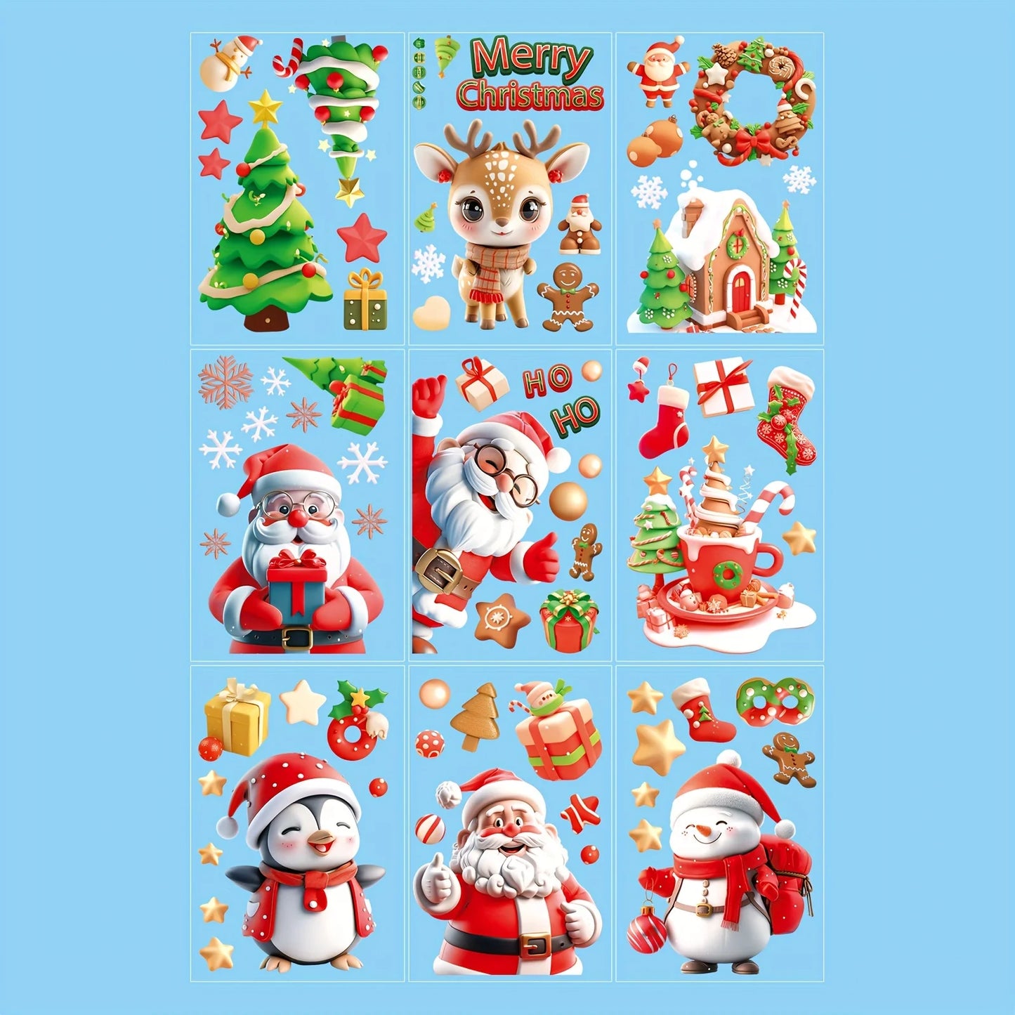 9 Sheets 72 Santa Snowman Glass Stickers Christmas Tree Refrigerator
