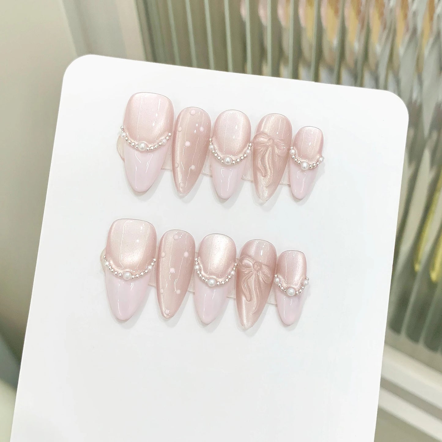 10pcs Handmade Press on Nails French Cat Eye Pink Bow Decor Korean False Nails Wearable Full Cover Ins Almond False Nail Tips Peaceful Pleasures Health and Wellness XS 5