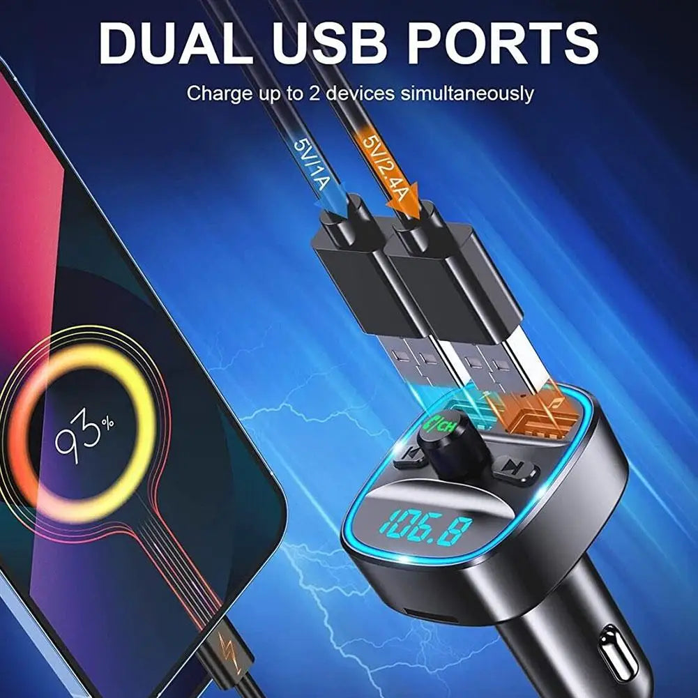 Bluetooth 5.0 Dual USB Port Charging Hands-free Calling Blue LED Light Fast Charging FM Transmitter Car Adapter Car Accessories Peaceful Pleasures Health and Wellness