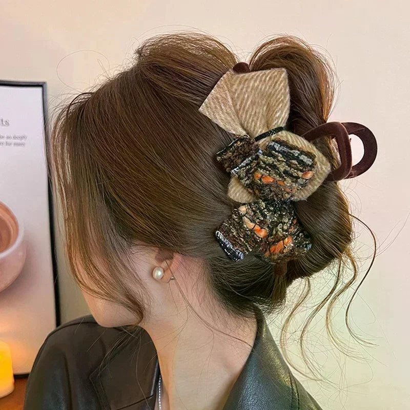 Retro Double Bow Color-Block Large Shark Hair Clip for Women