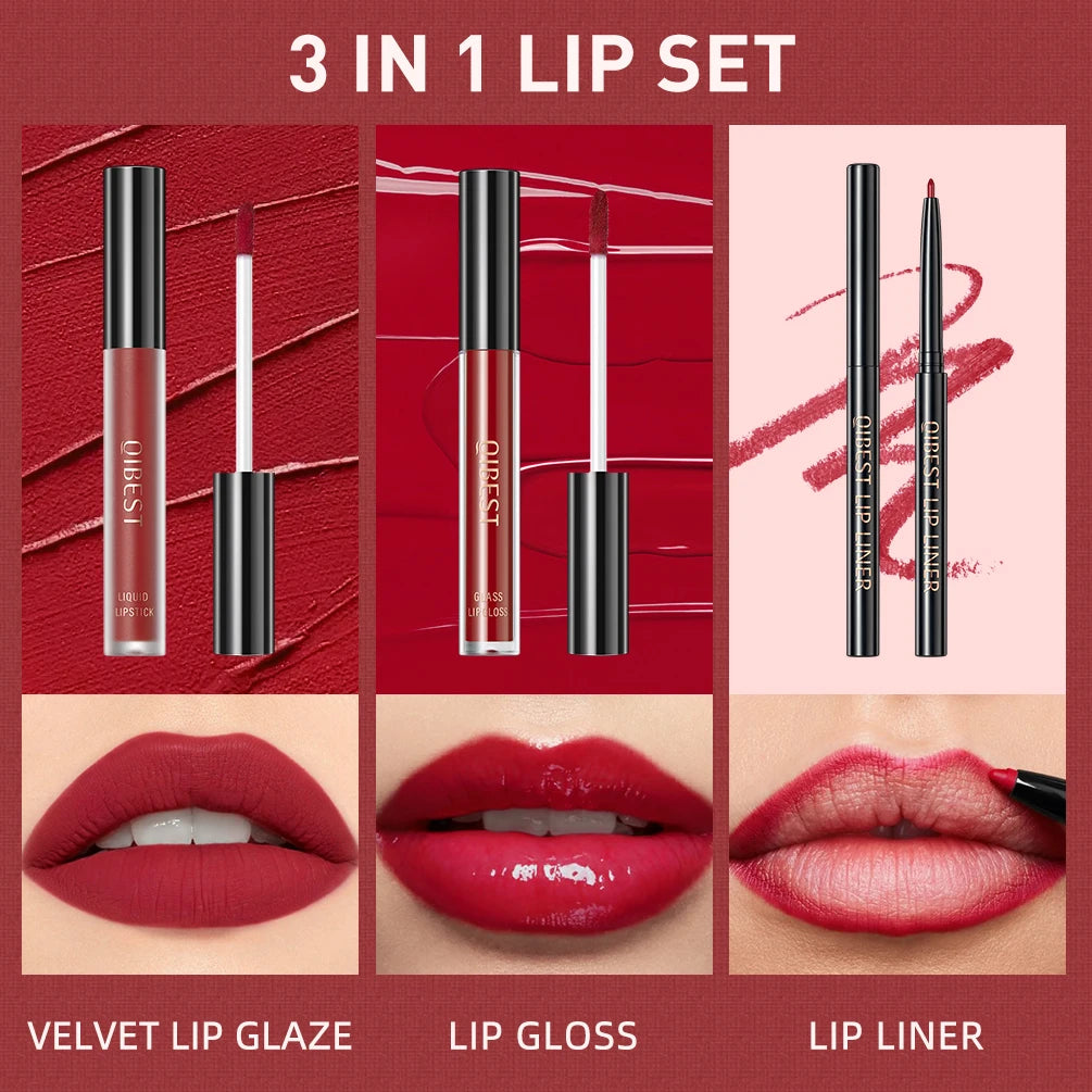 QIBEST Hots 3pcs Liquid Lipstick And Lip Liner Makeup Sets Nude Velvet Lip Gloss Lip Tint Lasting Black Lip Glaze Cosmetics Kits Peaceful Pleasures Health and Wellness
