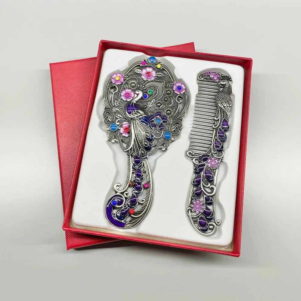 Creative Retro Peacock Open Screen Small Mirror Handle Metal Makeup Mirror Portable Mirror Comb Set Holiday Gift Makeup Mirror Peaceful Pleasures Health and Wellness