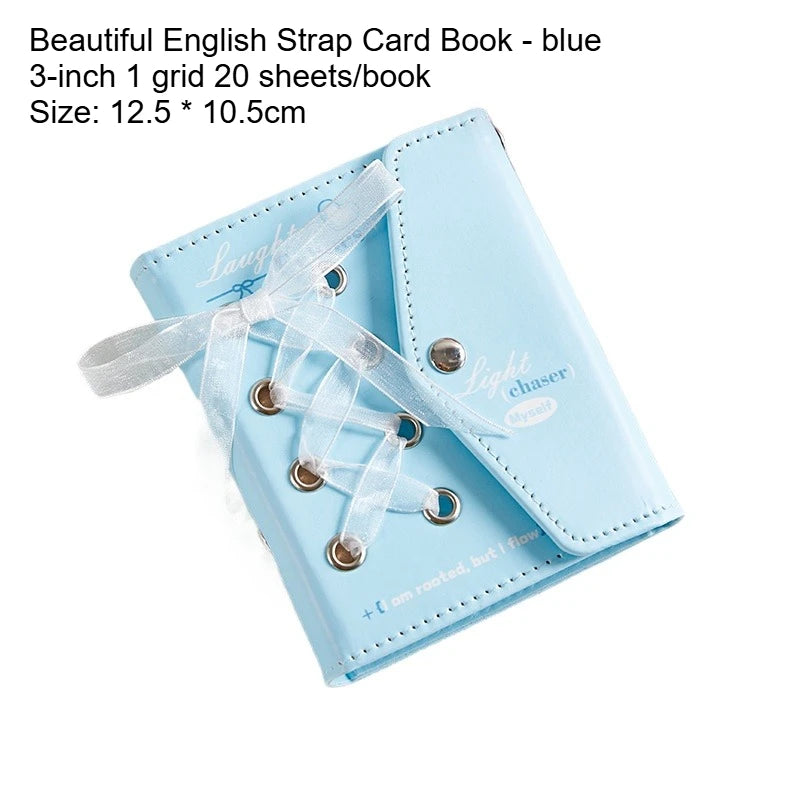 1pc Beautiful English Strap Style Card Album High Beauty Star Small Card Storage Polaroid Album Peaceful Pleasures Health and Wellness blue