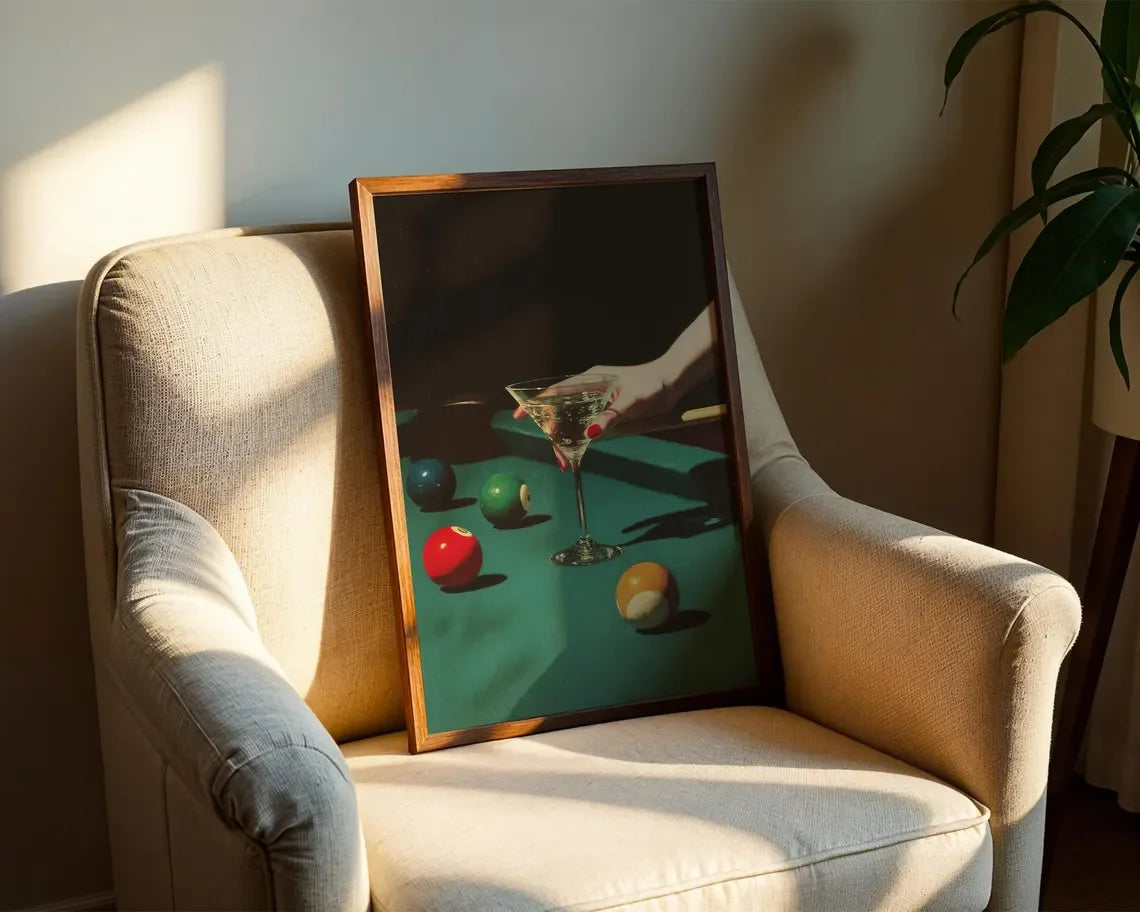 Vintage Dive Bar Martini Pool Poster Art, Retro Billiards Smoking Cocktail Oil Painting Art, Lucky 8 Ball Print, Peaceful Pleasures Health and Wellness