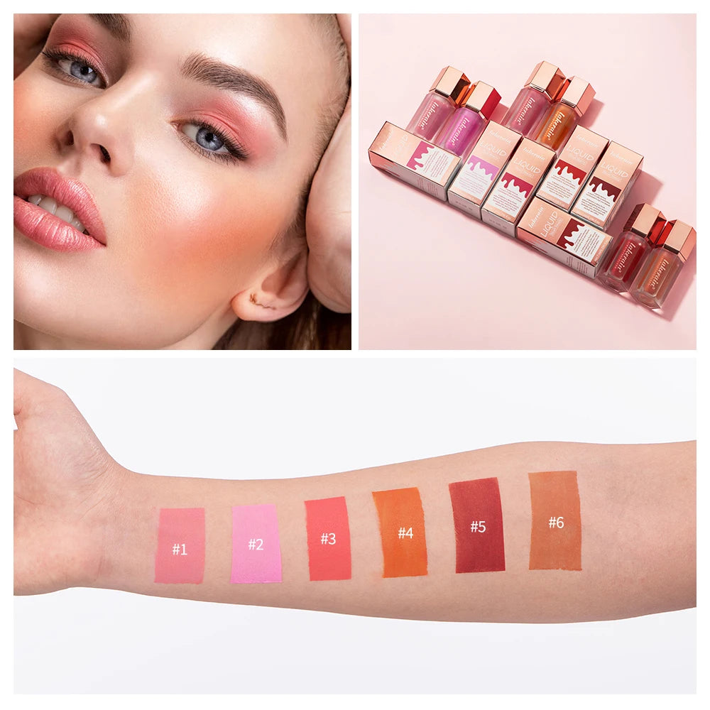 6 Colour Matte Liquid Blush Easy to apply long lasting waterproof blush sponge brush head Eyes lips Makeup Blush Cosmetics Peaceful Pleasures Health and Wellness