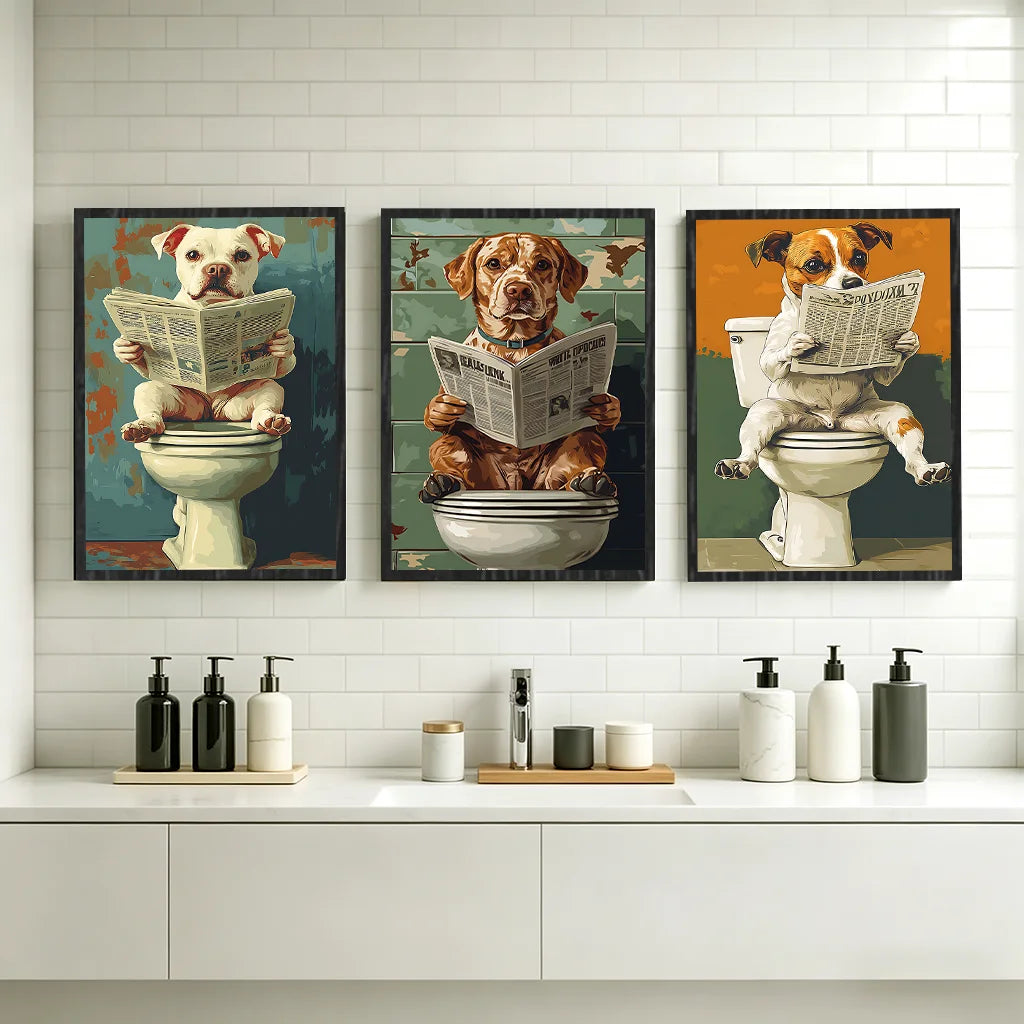 Vintage Animal Bathroom Wall Art, Funny Dog Retro Pop Art Canvas Painting, Nordic Toilet Poster Print for Restroom Room Decor Peaceful Pleasures Health and Wellness