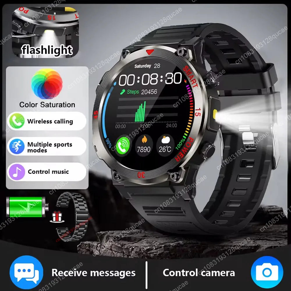 Smartwatch Military Men 360*360 HD Screen Flashlight Health Monitoring Waterproof Heart Rate BT Call Smart Watch For Android IOS Peaceful Pleasures Health and Wellness Black Steel